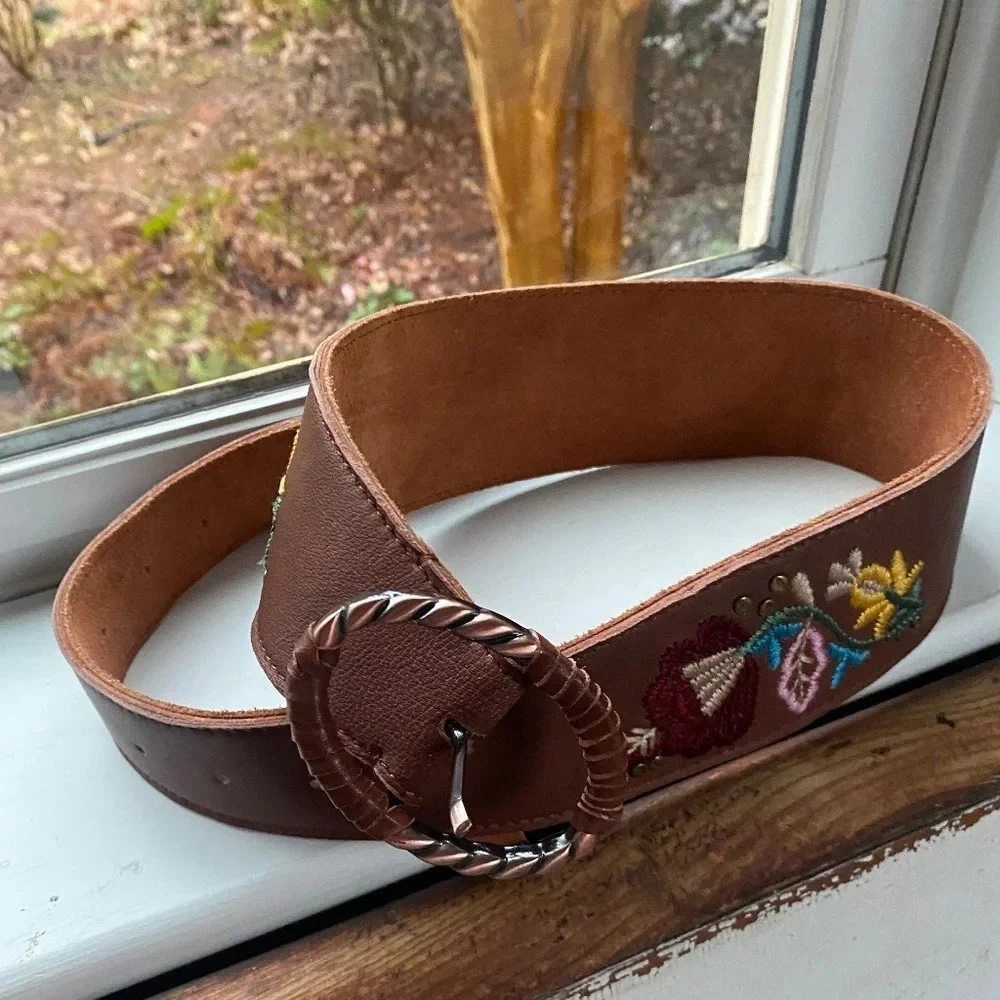 Free People Poppy Embroidered Leather Belt Small